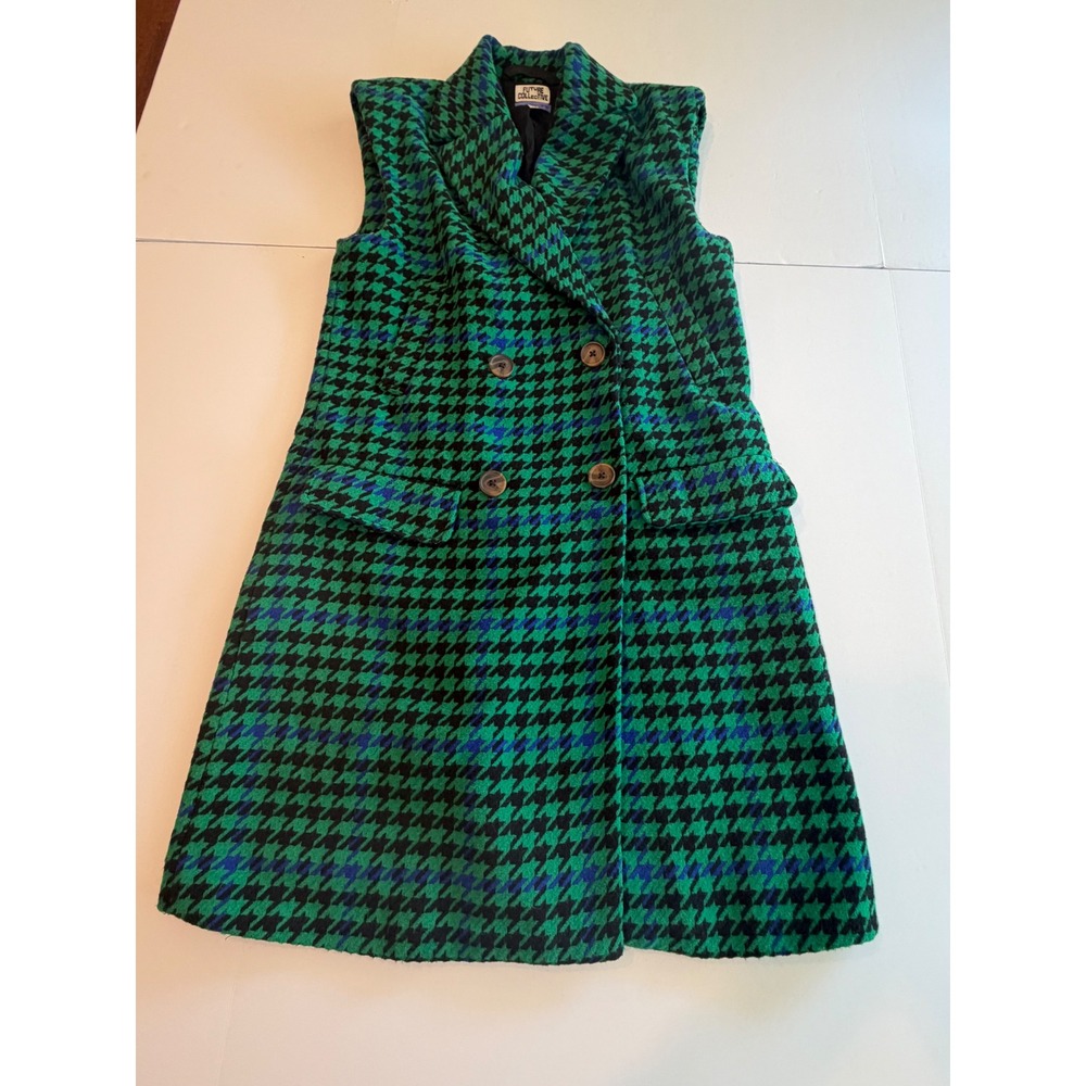 Future Collective Green Blue Houndstooth Longline Vest Double Breasted S - Picture 6 of 9